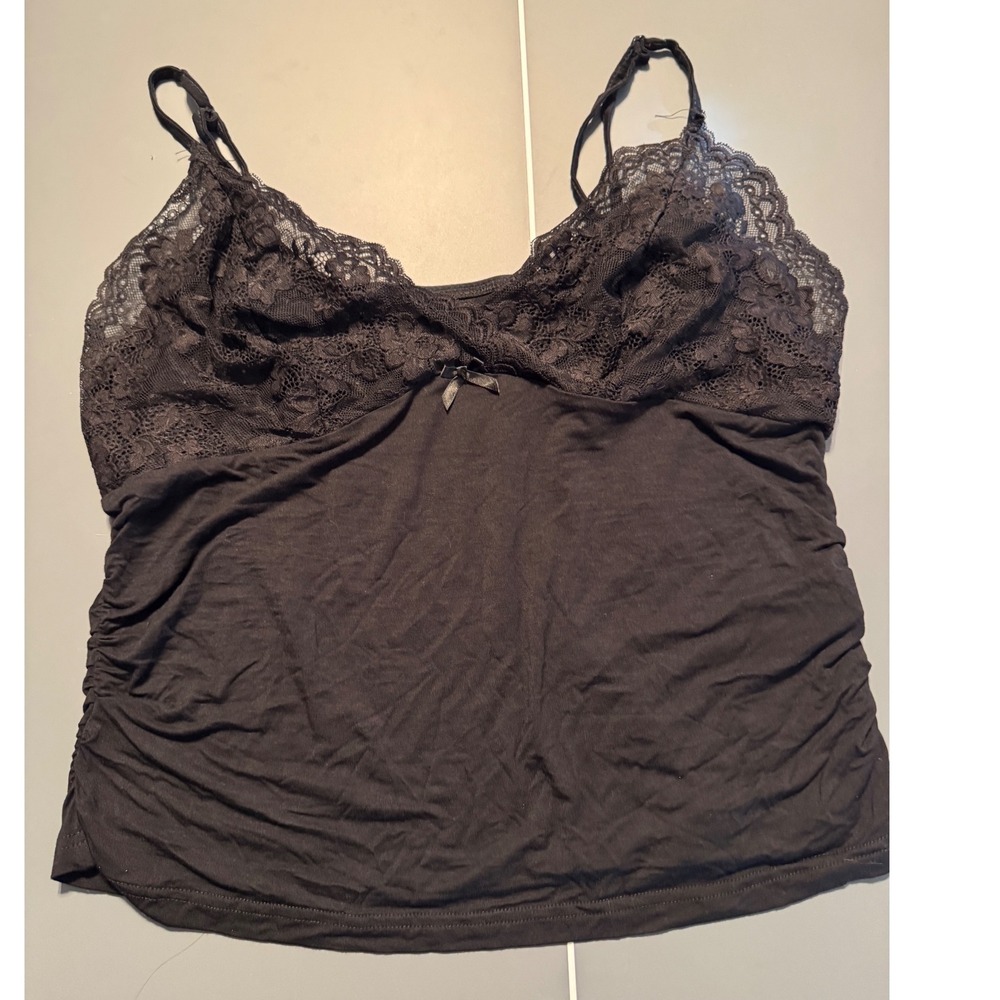 Romwe Black Lace Trim Ruched Camisole Plus Size 2XL Adjustable Y2K Whimsy Goth